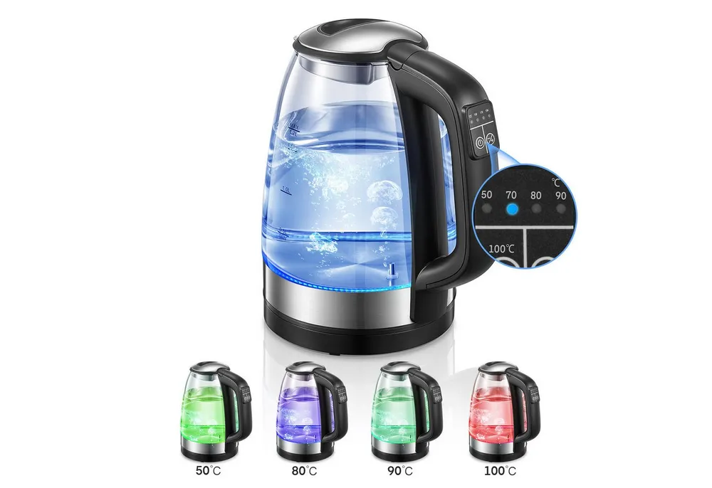 FOHERE Wasserkocher mit Temperaturregelung von 50 bis 100 °C, BPA-frei, 1.7 l, 2200 W, aus lebensmittelechtem Borosilikatglas und Edelstahl