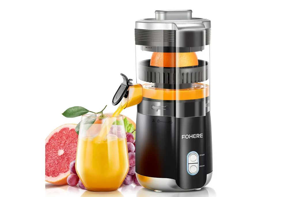 FOHERE Zitruspresse Elektrische Zitruspresse, 100W Leiser Motor, BPA-frei, 2 Presskegeln, 100 W, mit tropffreier Düse, aus BPA-freiem ABS-Material