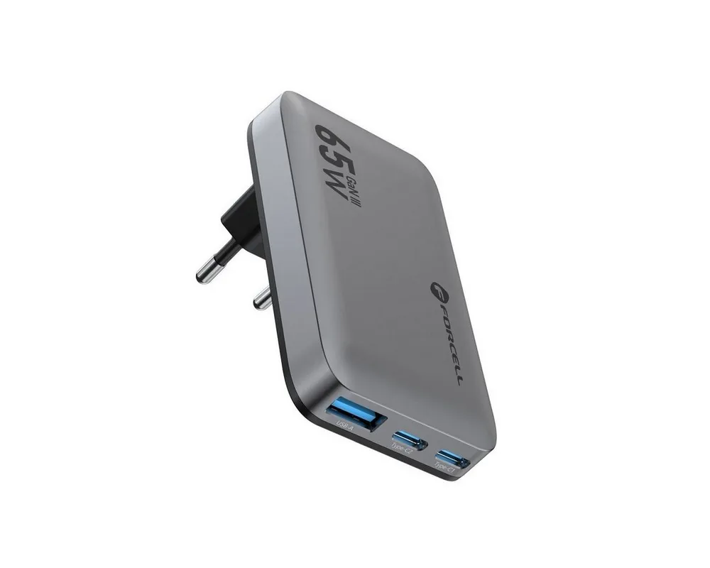 Forcell FORCELL GaN Ladegerät 65W 2x USB-C + USB-A Grau Smartphone-Ladegerät (Ladegerät mit 65W Schnellladeleistung)
