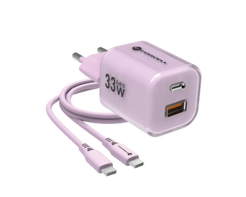 Forcell VT-41 USB-Ladegerät (3300 mA, Ladegerät + USB-C-Silikonkabel, Schnellladefunktion (PD + QC 4.0), GaN III-Technologie)