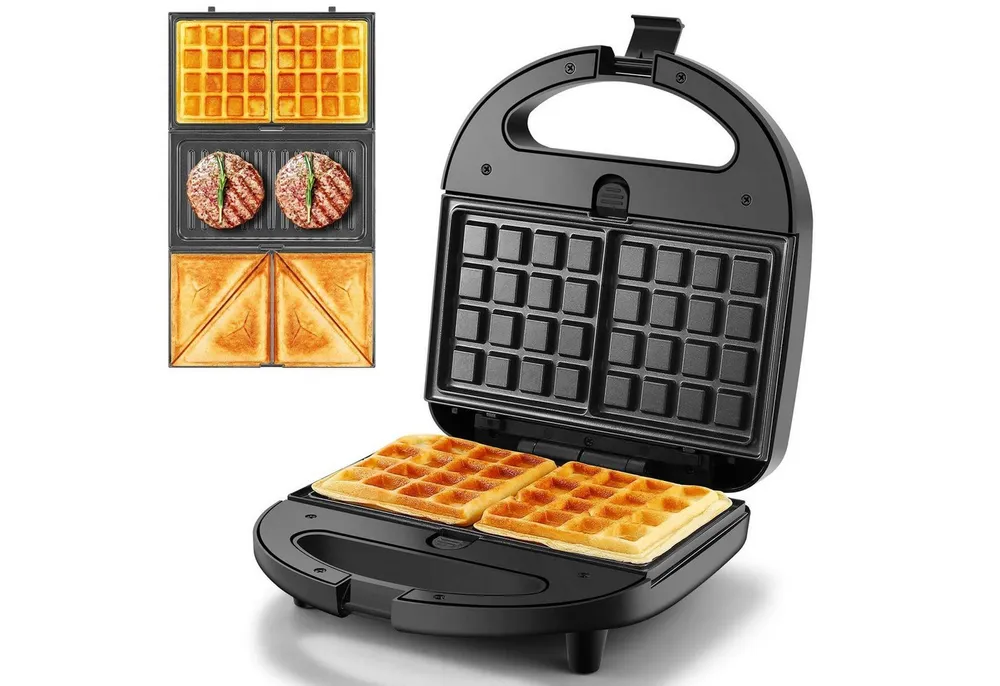 Forrlite 3-in-1-Kombi-Waffeleisen Waffeleisen, Sandwichmaker 3 in 1, Multifunktionsgerät Doppel, 760,00 W, 3 Abnehmbare Platten, Antihaftbeschichtung, LED-Leuchten