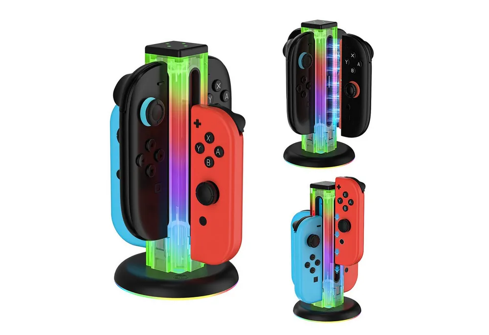 Forrlite Ladestation für Nintendo Switch 2 Joycon, 4-in-1 Joy-Con Controller Zubehör Nintendo (Magnetische Plug-in Joy-Con Ladegerät mit Ladekabel, RGB-Licht und individueller LED-Anzeige, Ladestation Zubehör Kompatibel mit JoyCons für Switch 2/Switch/OLED)