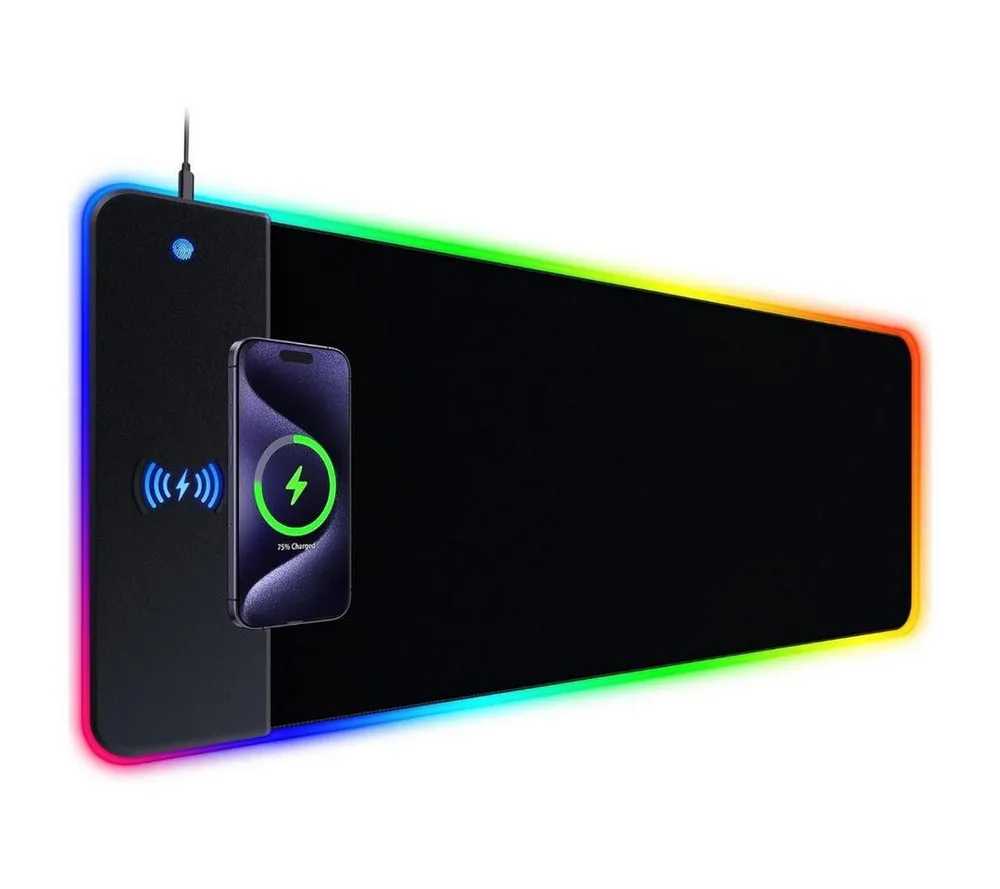 Forrlite Mauspad Gaming Mauspad RGB Mousepad Induktive Ladestationen (800 x 300 mm, 10 W kabelloses Laden, 14 RGB-Beleuchtungsmodi), abwaschbar, rutschfeste Rückseite, Geschwindigkeit & Präzision