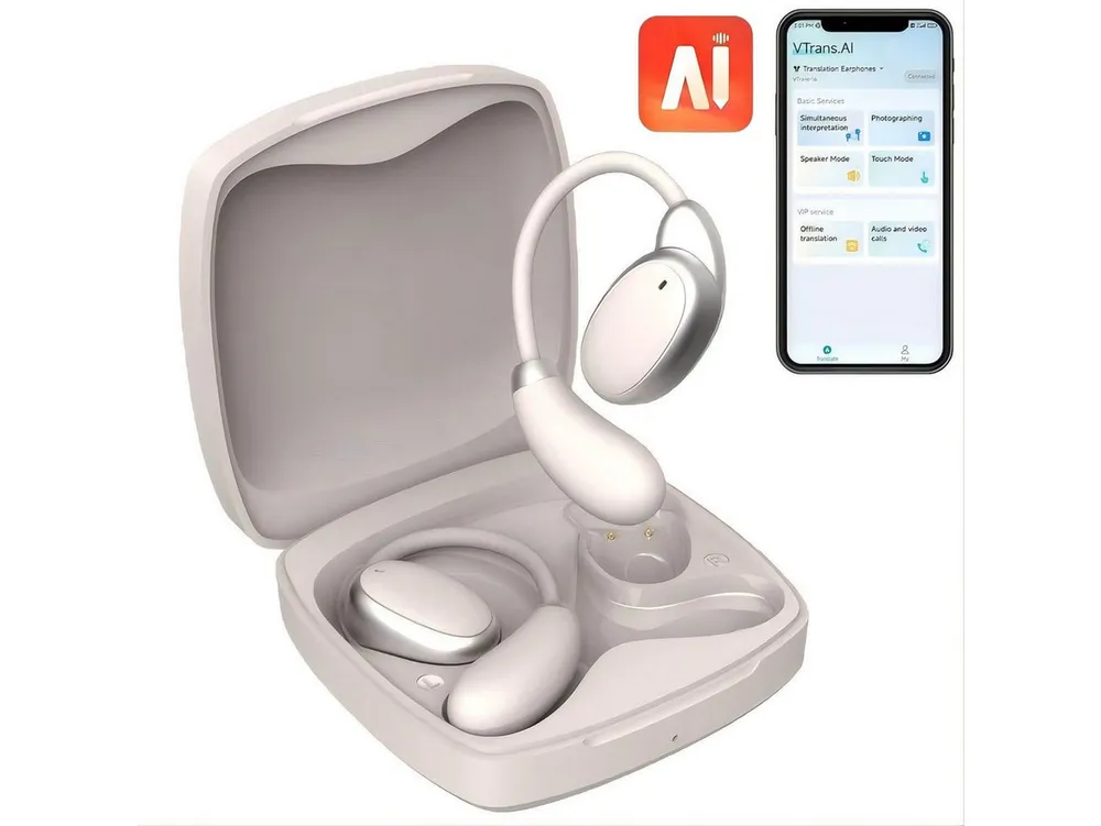Forrlite Open-Ear-Kopfhörer, In Ear Ohrhörer, AI Übersetzer Bluetooth Kopfhörer Open-Ear-Kopfhörer (3-in-1 Übersetzungskopfhörer mit echtzeit übersetzung, Bluetooth Kopfhörer mit Ohrhaken und ENC Mic, Bluetooth 5.4 Sport-Kopfhörer Echtzeit Übersetzer Ohrhörer für Lernen)