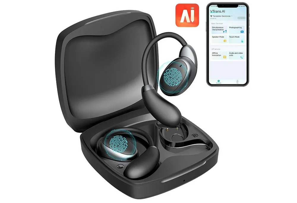 Forrlite Open-Ear-Kopfhörer, In Ear Ohrhörer, AI Übersetzer Bluetooth Kopfhörer Open-Ear-Kopfhörer (3-in-1 Übersetzungskopfhörer mit echtzeit übersetzung, Bluetooth Kopfhörer mit Ohrhaken und ENC Mic, Bluetooth 5.4 Sport-Kopfhörer Echtzeit Übersetzer Ohrhörer für Lernen)