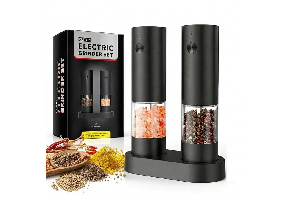 Forrlite Salz-/Pfeffermühle Pfeffermühle elektrisch, Gewürzmühle elektrisch 2er Set (Wiederaufladbar, LED Beleuchtung, mit einstellbarem Keramikmahlwerk, Reinigungsbürste Bürste), Einhandbedienung, Mahlgrad Einstellbar