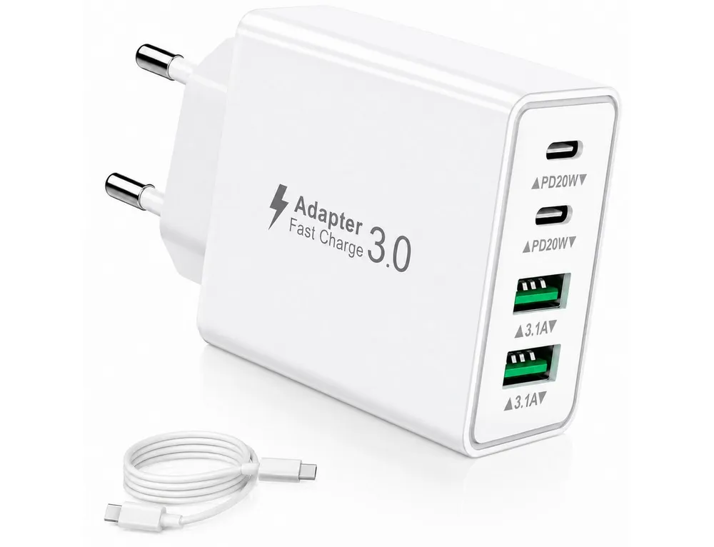 Forrlite USB C Ladegerät 40W Schnellladegerät mit 1,5 m TPE Datenkabel, Schnelllade-Gerät (Handy Ladegeräte 4 Ports, USB-C & USB-A Mehrfachstecker für Smartphone, Tablet, iPhone und Samsung)