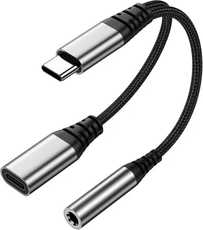 Forrlite USB C Splitter 1 zu 2, USBC Verteiler Doppelstecker Audio-Adapter USB C zu Schnellladung Aux Audio für iPhone 15 16 Samsung S25 S24 Type C Devices(Silber) zu 2 in 1 Typ C auf 3.5mm Kopfhörer Adapter mit PD 60W Schnellladung