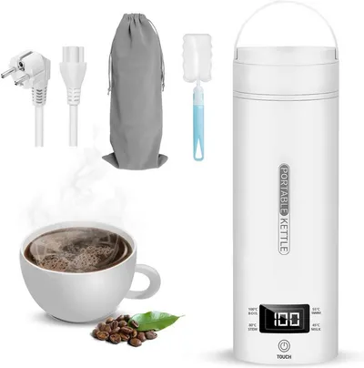 Forrlite Wasserkocher Tragbarer Wasserkocher,Reise-Wasserkocher,Thermobecher,Edelstahl, 300 W, 220V,500ml,Teekanne,Heizbecher,LCD-Temperaturanzeige,Geschenkset