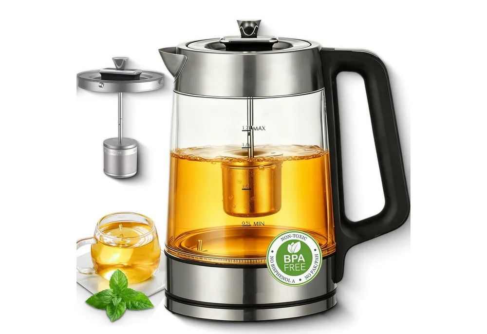 Forrlite Wasserkocher Wasserkocher aus Glas&Edelstahl, mit Temperatureinstellung und Teesieb, 3000 W, Temperaturwahl 0 °C- 100 °C, Warmhaltefunktion, LED‑Farbring,BPA‑frei