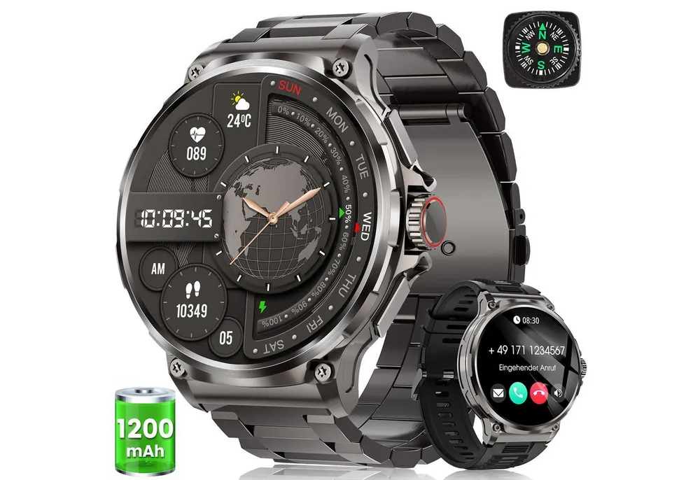 FOSMET 2026 1200-mAh-Akku,Smartwatch Herren Militärqualität,60 Tage Standby Smartwatch, Mit Herzfrequenz,SpO2 und Schlaf,Blutdruckmessung,1.92''AMOLED-Display