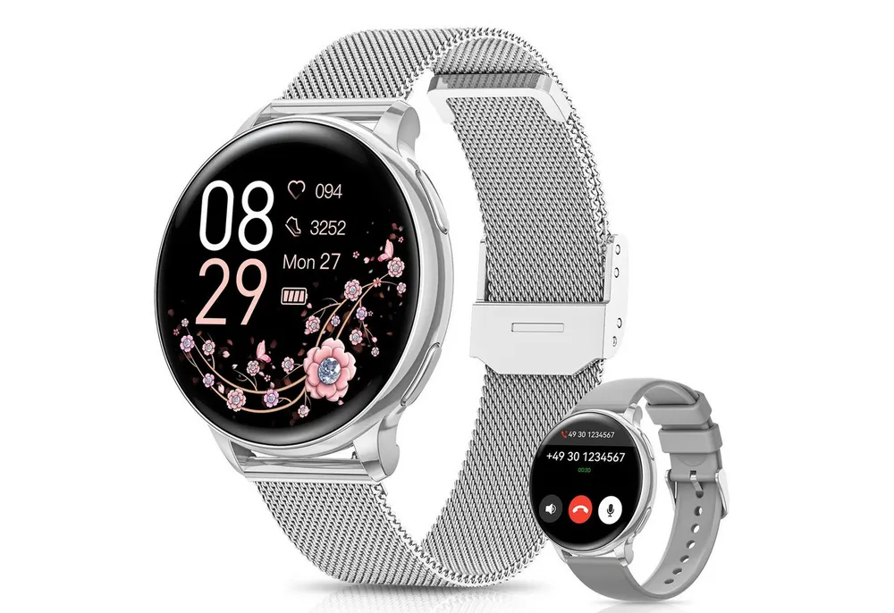 FOSMET 2026 Neue Smartwatch Damen,1.27" AMOLED,Bluetooth-Anruffunktion Smartwatch (3.23 cm) Pulsuhr,Schlafmonitor,SpO2, Watch, Sportuhr, Fitnessuhr Damen, IP68/mit Herzfrequenz/SpO2/Blutdruck/Schlafüberwachungsfunktion