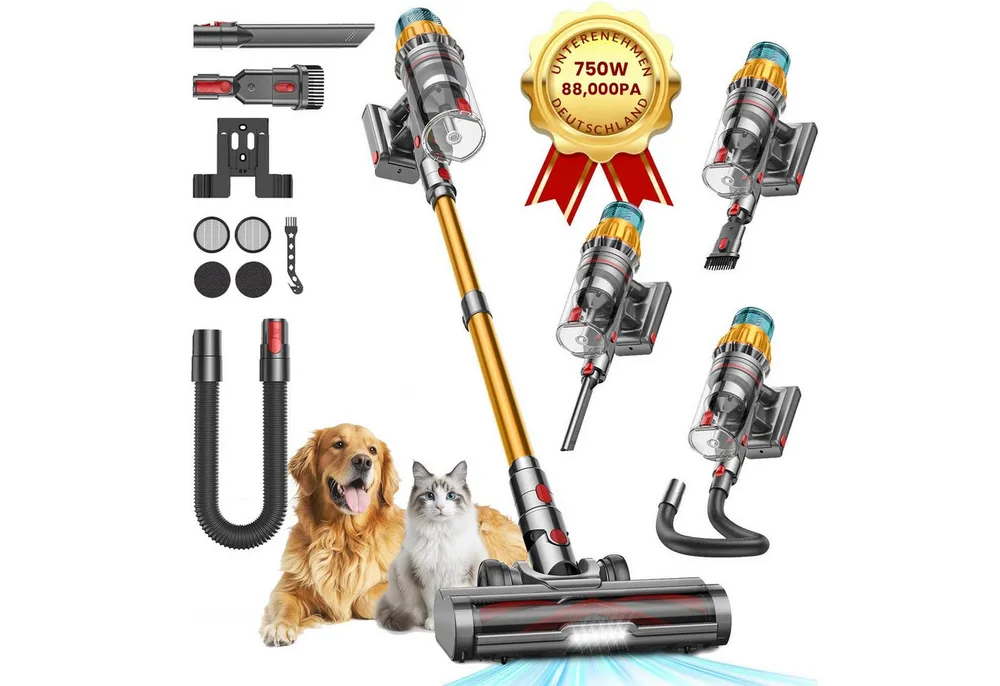 FOSMET Akku-Hand-und Stielstaubsauger 88000Pa Akkustaubsauger 750W/80Min/1M Schlauch Staubsauger Kabellos, 750 W, 2,6L Staubbehälter, 50dB leise/11-Stufen-Filter/OLED Display,Ideal für Böden/Teppiche/Auto