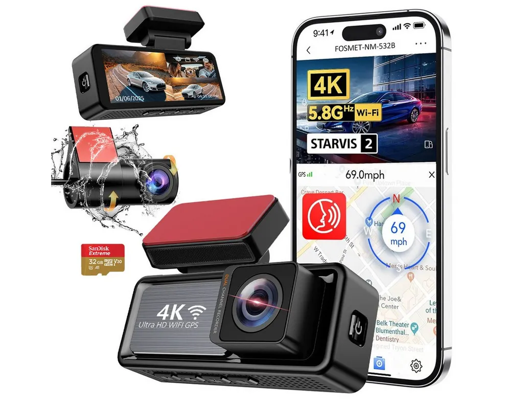 FOSMET Dashcam Auto,2 Channel 3.2" IPS-Bildschirm,mit GPS,WiFi,Auto kamera Dashcam (4K/2.5K, G-Sensor, 32GB-Karte, wasserfest, 170°Weitwinkel WDR,Loop-Aufnahme,Parküberwachung,Unterstützt 256GB Max)