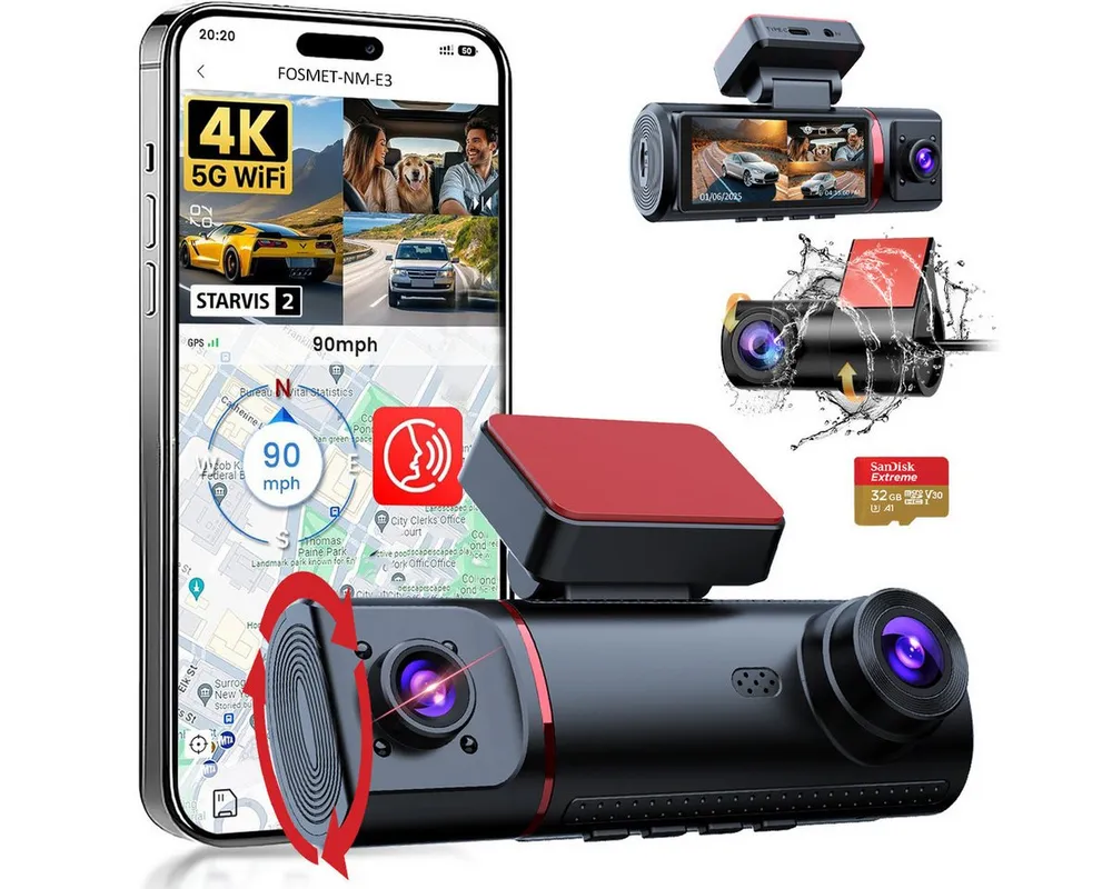 FOSMET Dashcam Auto,3 Channel 3.16" IPS-Bildschirm,mit GPS,WiFi,Auto kamera Dashcam (4K/2,5K+1080P, G-Sensor, 32GB-Karte, wasserfest, 170°Weitwinkel WDR,Loop-Aufnahme,Parküberwachung,Unterstützt 256GB Max)