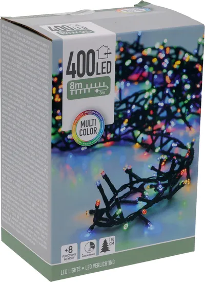 LED-Clusterlichterkette bunt, 400 LEDs, Grünes Kabel, Innen/Außen, 11m