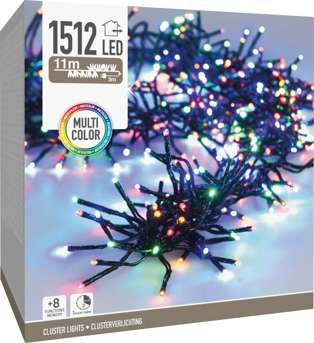 LED-Clusterlichterkette Büschel bunt, 1512 LEDs, schwarzes Kabel, Innen/Außen, 14m