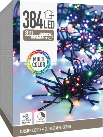 LED-Clusterlichterkette Büschel bunt, 384 LEDs, schwarzes Kabel, Innen/Außen, 6m