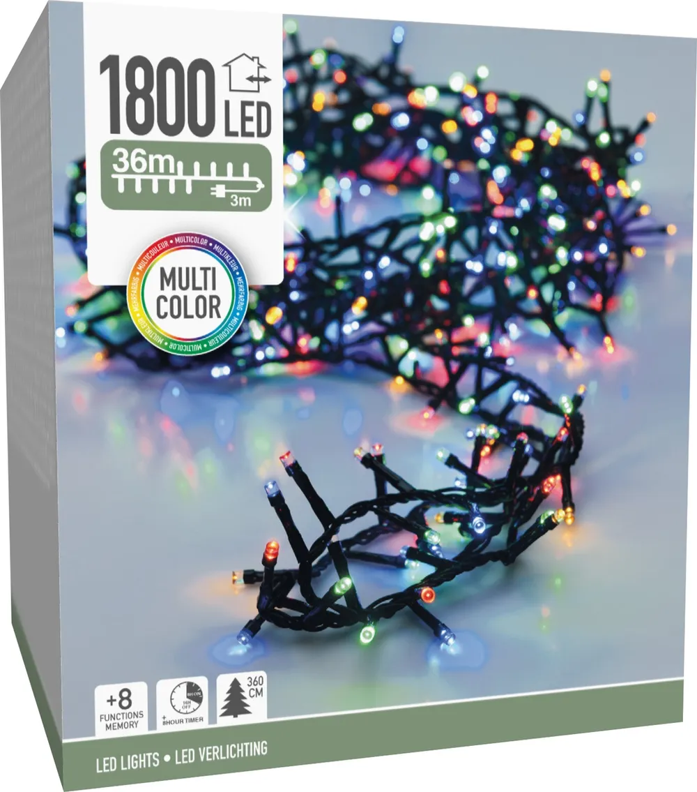 LED-Clusterlichterkette bunt, 1800 LEDs, Grünes Kabel, Innen/Außen, 33m