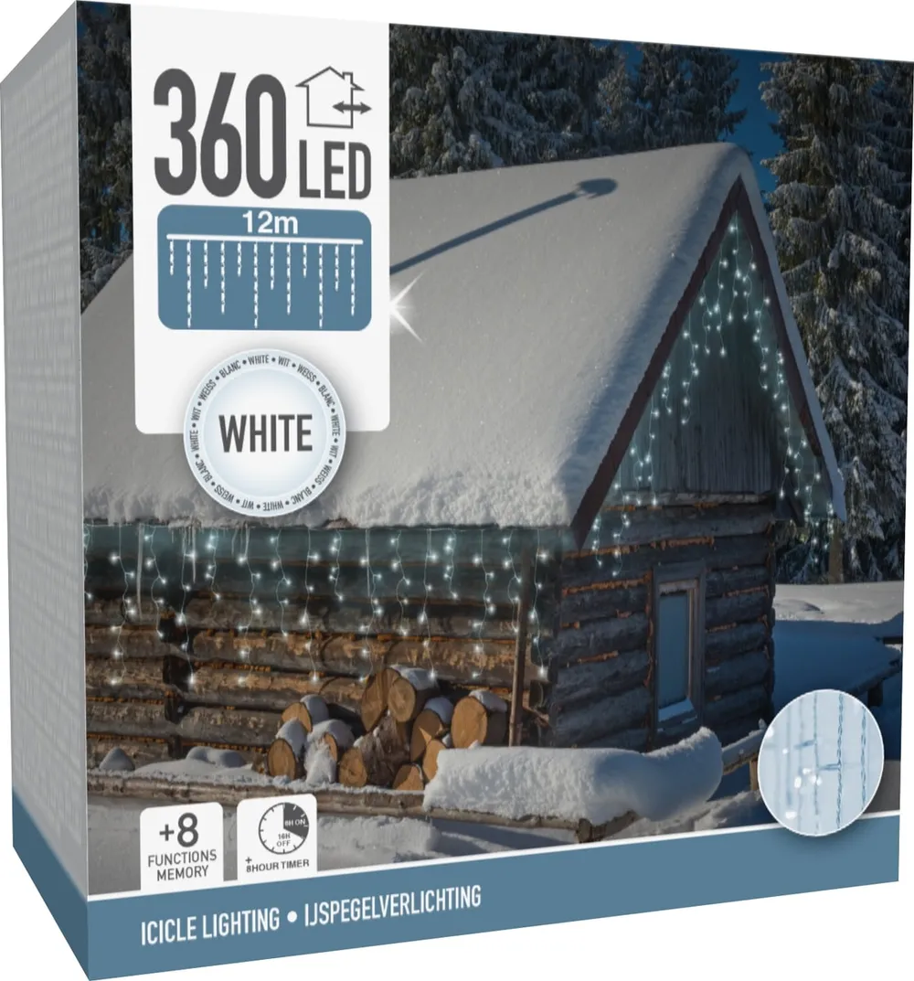 LED-Eiszapfenbeleuchtung kaltweiß, 360 LEDs, transparentes Kabel, Innen/Außen, 15m