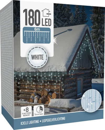 LED-Eiszapfenbeleuchtung kaltweiß, 180 LEDs, Transparentes Kabel, Innen/Außen, 9m
