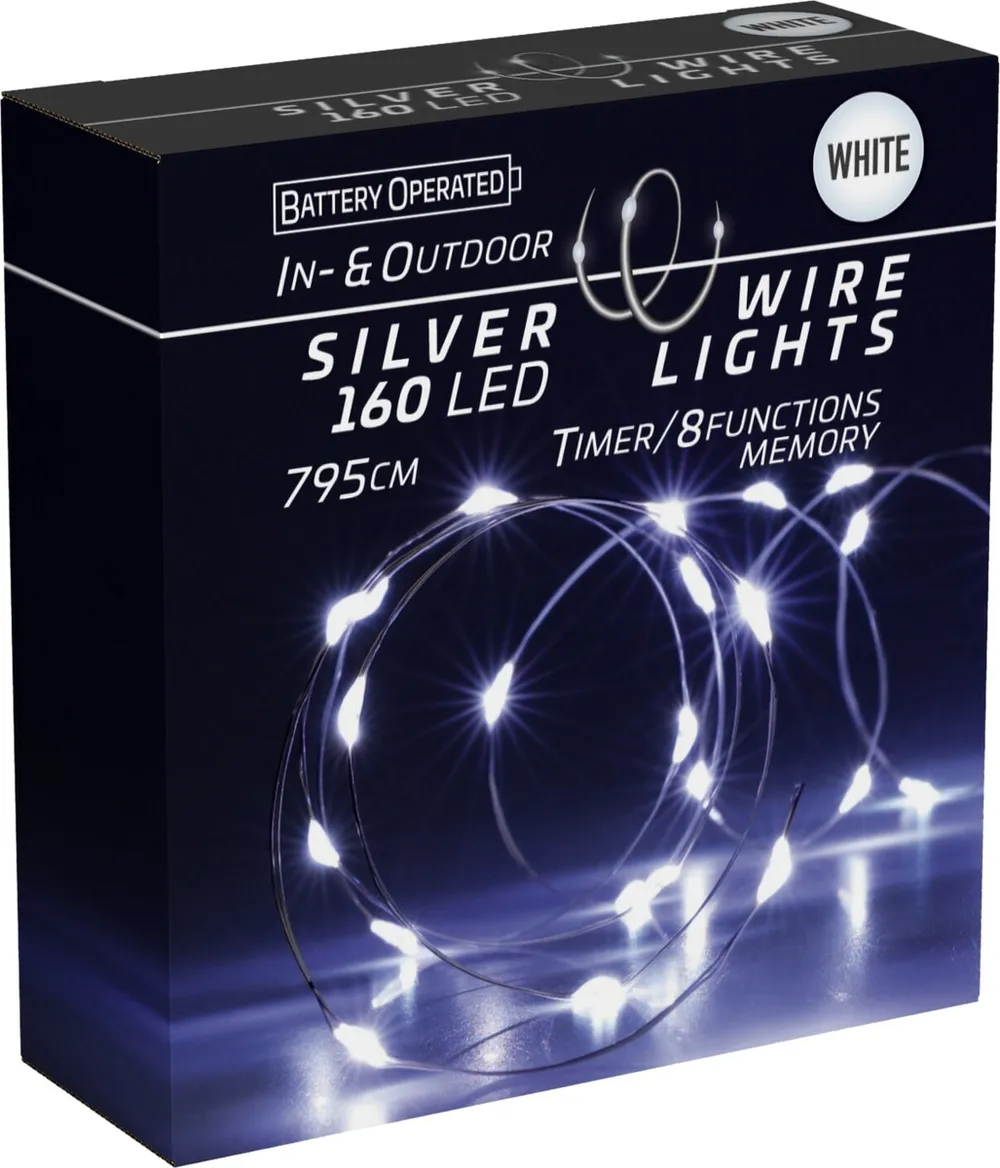 LED-Lichterkette kaltweiß, Batteriebetrieben, 160 LEDs, Silberdraht, Innen/Außen, 7,95m