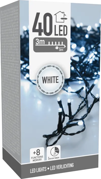 LED-Lichterkette kaltweiß, 40 LEDs, Grünes Kabel, Innen/Außen, 6m