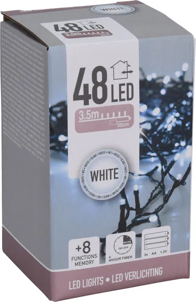 LED-Lichterkette kaltweiß, 48 LEDs, Batteriebetrieben, schwarzes Kabel, Innen/Außen, 4m