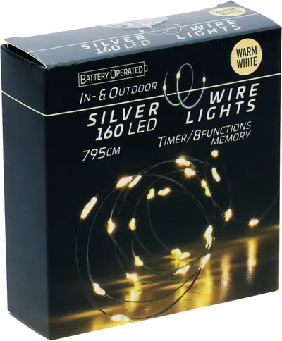 LED-Lichterkette warmweiß, Batteriebetrieben, 160 LEDs, Silberdraht, Innen/Außen, 7,95m
