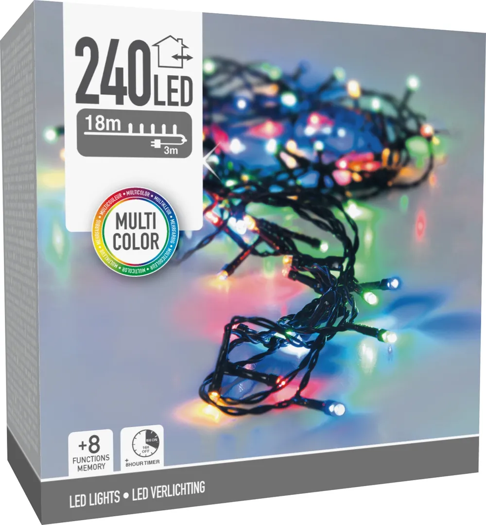 LED-Lichterkette bunt, 240 LEDs, Grünes Kabel, Innen/Außen, 21m, 8 Funk.