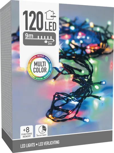 LED-Lichterkette bunt, 120 LEDs, Grünes Kabel, Innen/Außen, 12m, 8 Funk.