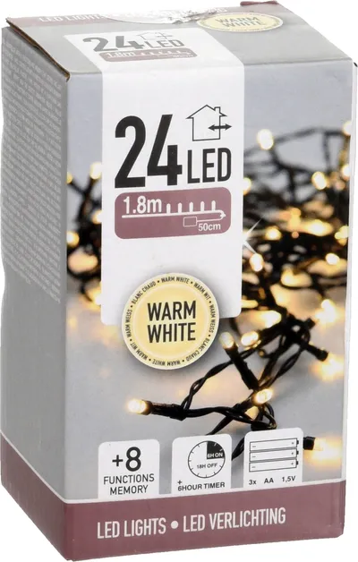 LED-Lichterkette warmweiß, 24 LEDs, Batteriebetrieben, schwarzes Kabel, Innen/Außen, 2,30m