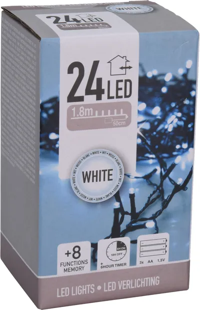 LED-Lichterkette kaltweiß, Batteriebetrieben, 24 LEDs, schwarz, Kabel, Innen/Außen, 2,30m