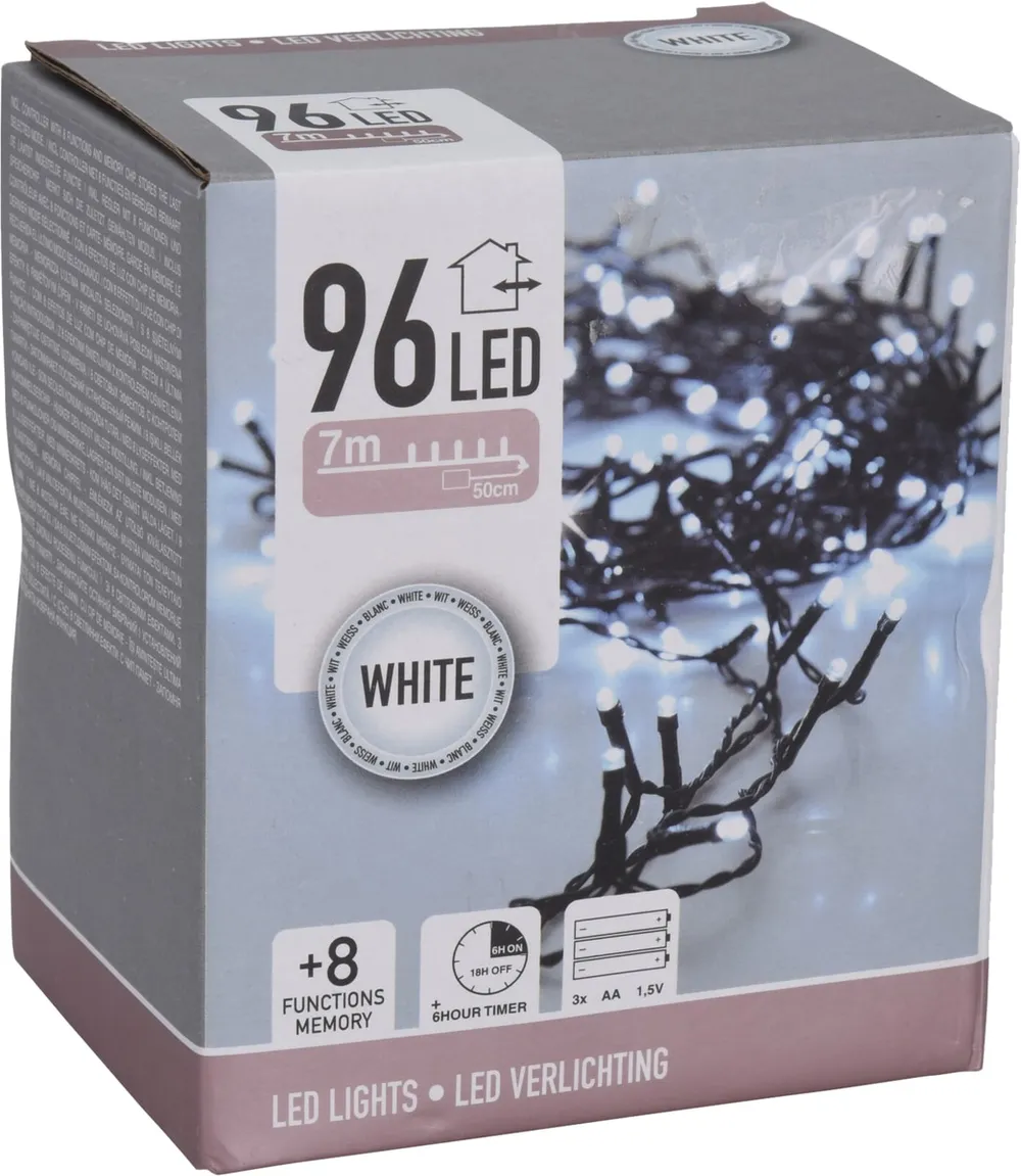 LED-Lichterkette kaltweiß, 96 LEDs, Batteriebetrieben, schwarzes Kabel, Innen/Außen, 7,50m