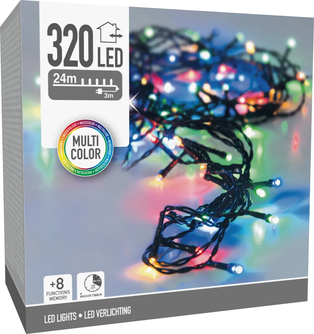 LED-Lichterkette bunt, 320 LEDs, Grünes Kabel, Innen/Außen, 27m, 8 Funk.