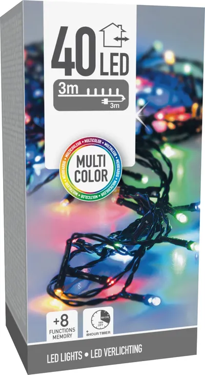 LED-Lichterkette bunt, 40 LEDs, Grünes Kabel, Innen/Außen, 6m, 8 Funk.
