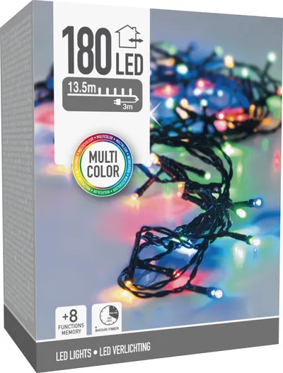 LED-Lichterkette bunt, 180 LEDs, Grünes Kabel, Innen/Außen, 16,5m, 8 Funk.