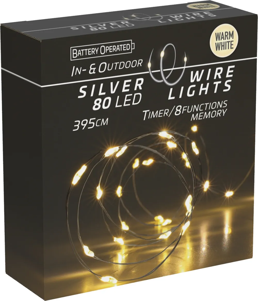 LED-Lichterkette warmweiß, Batteriebetrieben, 80 LEDs, Silberdraht, Innen/Außen, 3,95m