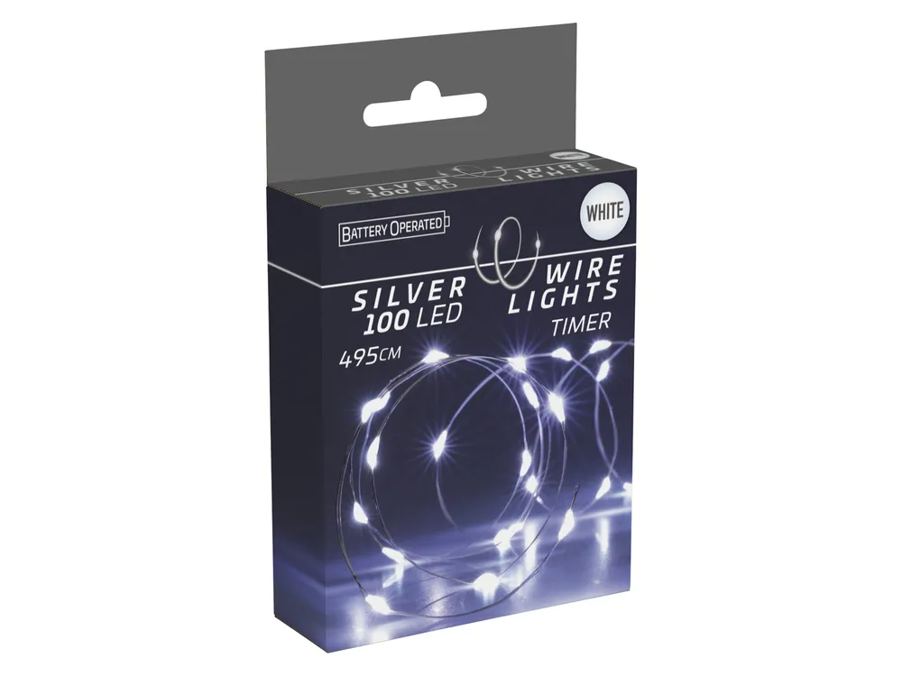 LED-Lichterkette, Silberdraht, 100 LEDs, kaltweiß, Batteriebetrieb, Timer