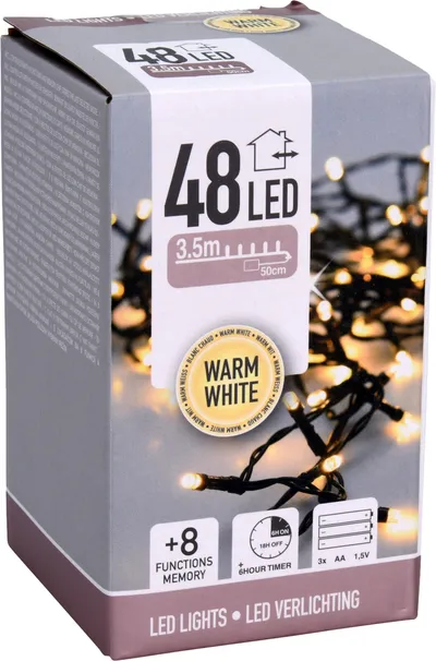 LED-Lichterkette warmweiß, Batteriebetrieben, 48 LEDs, schwarzes Kabel, Innen/Außen, 4m