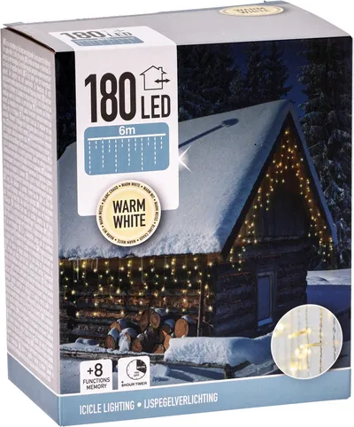 LED-Lichtervorhang warmweiß, 180 LEDs, transparentes Kabel, Innen/Außen, 9m