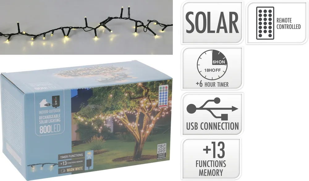 Solar LED-Lichterkette, 800 LEDs, warmweiß, 18,90m, 14 Funktionen, Innen/Außen