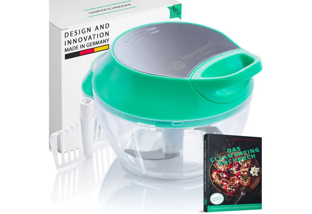 freegreen® Zwiebelhacker 540 ml, Multi-Zerkleinerer I Zwiebelschneider I Universalzerkleinerer, Edelstahl Gemüseschneider mit Mixer-Einsatz und Frischhaltedeckel