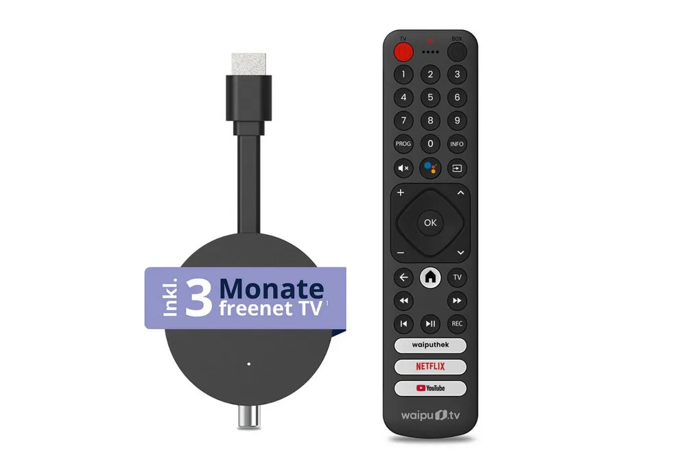 freenet TV Streaming-Stick Hybrid 3in1, DVB-C/T2 und Android TV, Inkl. 3 Monate freenet TV, 4K UHD, Chromecast