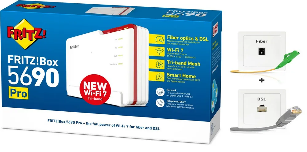 Fritz! FRITZ!Box 5690 Pro Wi-Fi 7 Router für Glasfaser Fiber & DSL Modem WLAN-Router, Tri-Band WLAN inkl. 6-GHz-Band, VDSL, ADSL