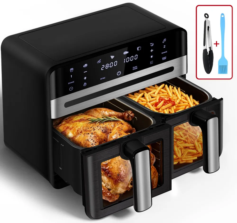Fukstern Heißluftfritteuse 2 Kammern, 2 Schubladen,Airfryer 11L mit Sichtfenster, Touchdisplay, 8 voreingestellte Programme, unabhängiger Temperaturregelung, Antihaft-Metallkörbe, 5.5L+5.5L, fettarmes gesundes Kochen, 2400 W, 2400 W, inklusive Grillzange (Backzange) und Öl-Pinsel