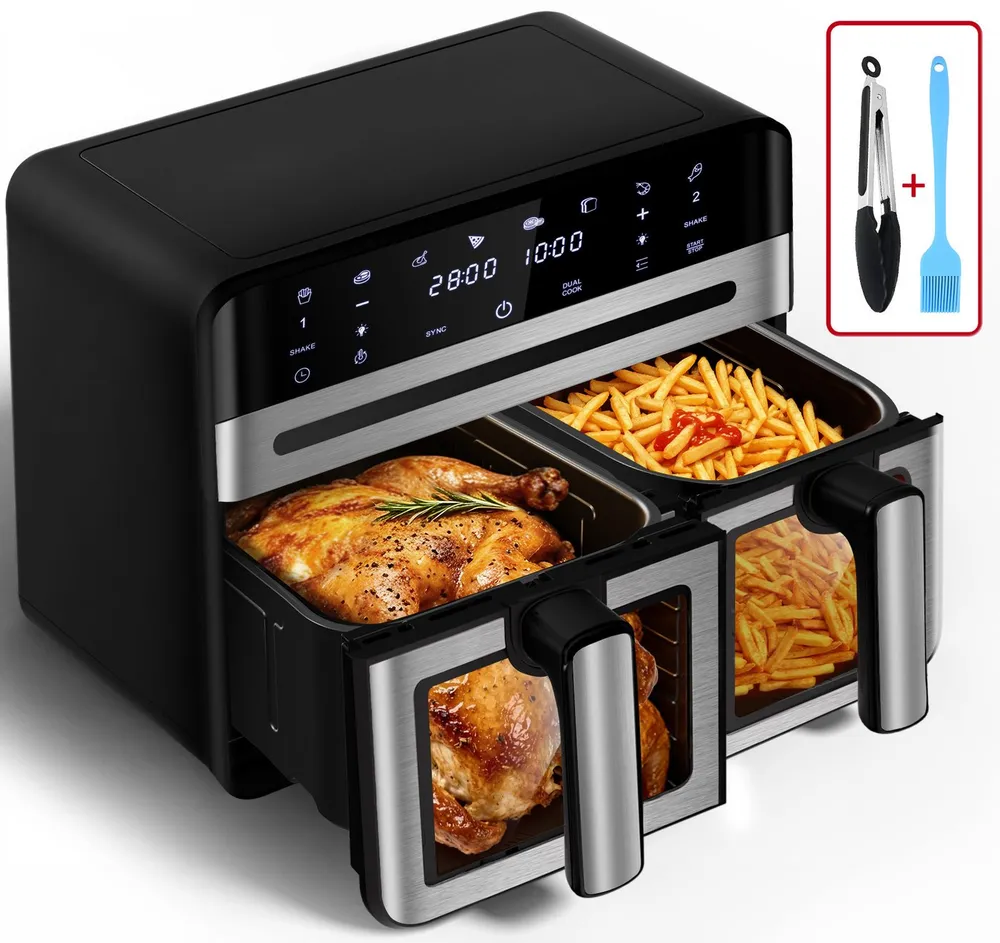 Fukstern Heißluftfritteuse 2 Kammern, 2 Schubladen,Airfryer 11L mit Sichtfenster, Touchdisplay, 8 voreingestellte Programme, unabhängiger Temperaturregelung, Antihaft-Metallkörbe, 5.5L+5.5L, fettarmes gesundes Kochen, 2400 W, 2400 W, inklusive Grillzange (Backzange) und Öl-Pinsel