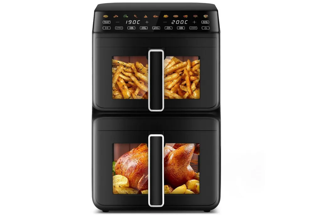 Fukstern Heißluftfritteuse 2 Kammern, Airfryer 11L mit 11 voreingestellte Programme,Touchdisplay, Sichtfenster, Unabhängige Temperaturregelung, 3000 W, Antihaft-Metallkörbe,4.5L+6.5L,fettarmes gesundes Kochen