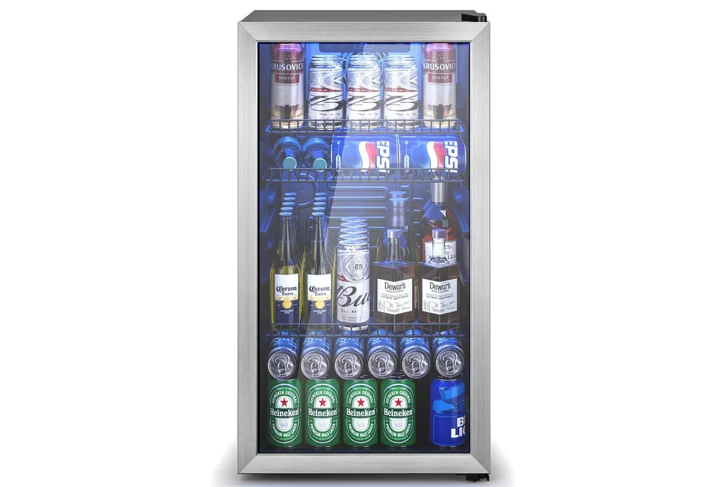 Furnicopia Getränkekühlschrank 89L, Doppelverglasung, LED-Beleuchtung, geräuscharm, silberner Aluminium-Rahmen KVC-90, LED-Touch, verstellbare Füße & Ablagen, silberner Alu-Rahmen