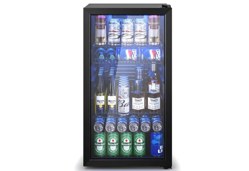 Furnicopia Getränkekühlschrank 89L,Doppelverglasung, LED-Beleuchtung, geräuscharm für Bar & Haushalt KVC-90, Digitale LED-Touchscreen-Bedienung,höhenverstellbare Füße und Ablagen.